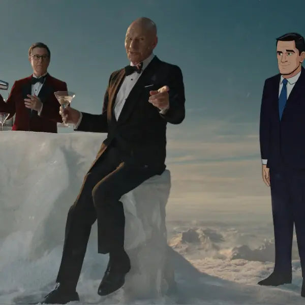 Actor sitting on iceberg with illustration figure on right