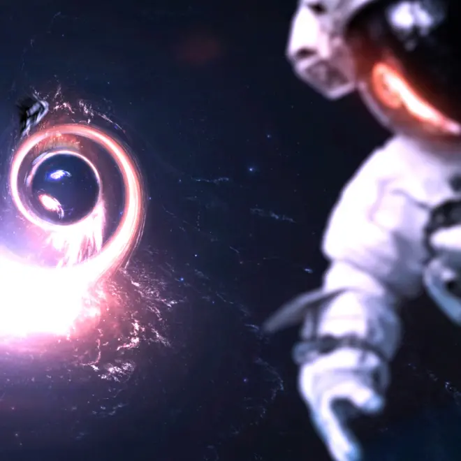 Man in space infront of the black hole